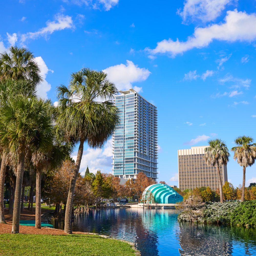Orlando skyline fom lake Eola Florida US Orlando skyline fom lake Eola in Florida USA
