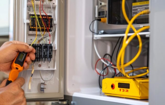 Asian man is using a multimeter to work on an electrical circuit breaker in a kitchen environment. Concept of electrical repair, maintenance, safety inspections, and home renovation Asian man is using a multimeter to work on an electrical circuit breaker in a kitchen environment. Concept of electrical repair, maintenance, safety inspections, and home renovation.